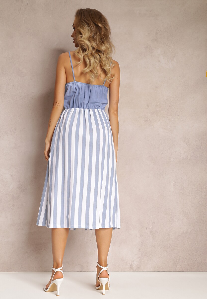 Niebieska Rozkloszowana Sukienka Midi z Ozdobnym Węzłem i Gumką w Talii z Bawełny Zishosi