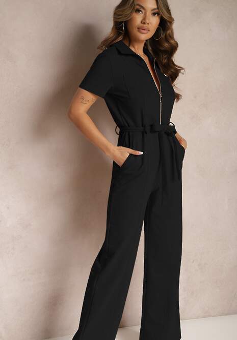 Czarny Kombinezon z Elastycznej Bawełny z Suwakiem i Wiązanym Paskiem Ecatra