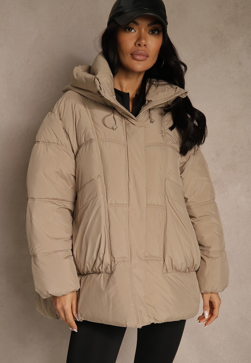 Bordowa Kurtka Oversize z Pikowanymi Przeszyciami i Kapturem Galeana