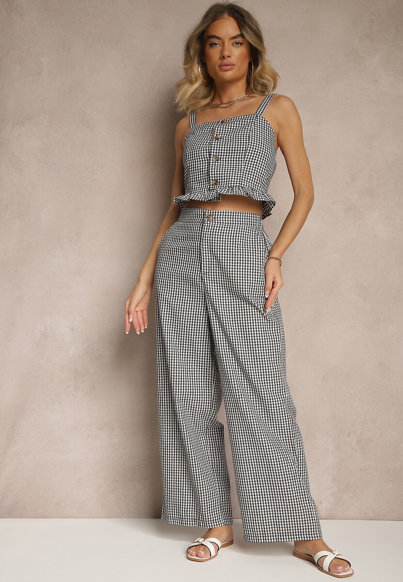 Czarna Bluzka Top w Kratę z Guzikami i Falbanką Falionna