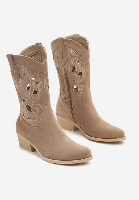 Ciemnobeżowe Botki na Obcasie Typu Kowbojki z Cholewką Zdobioną Ażurowymi Wycięciami Felithiel