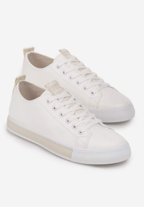 Biało-Beżowe Sznurowane Tenisówki na Ozdobnej Podeszwie z Taśmą z Napisami na Języku Majara