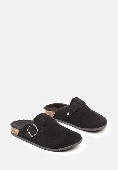 Czarne Kapcie Typu Chodaki na Podeszwie z Korka Ozdobione Klamrą Alanelle