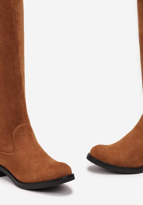 Brązowe Dopasowane Kozaki za Kolano z Wiązaniem z Tyłu Hemiga