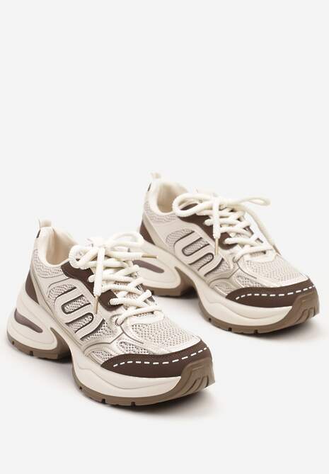 Beżowo-Brązowe Sneakersy na Platformie z Tłoczeniem z Geometrycznym Motywem Delothiel