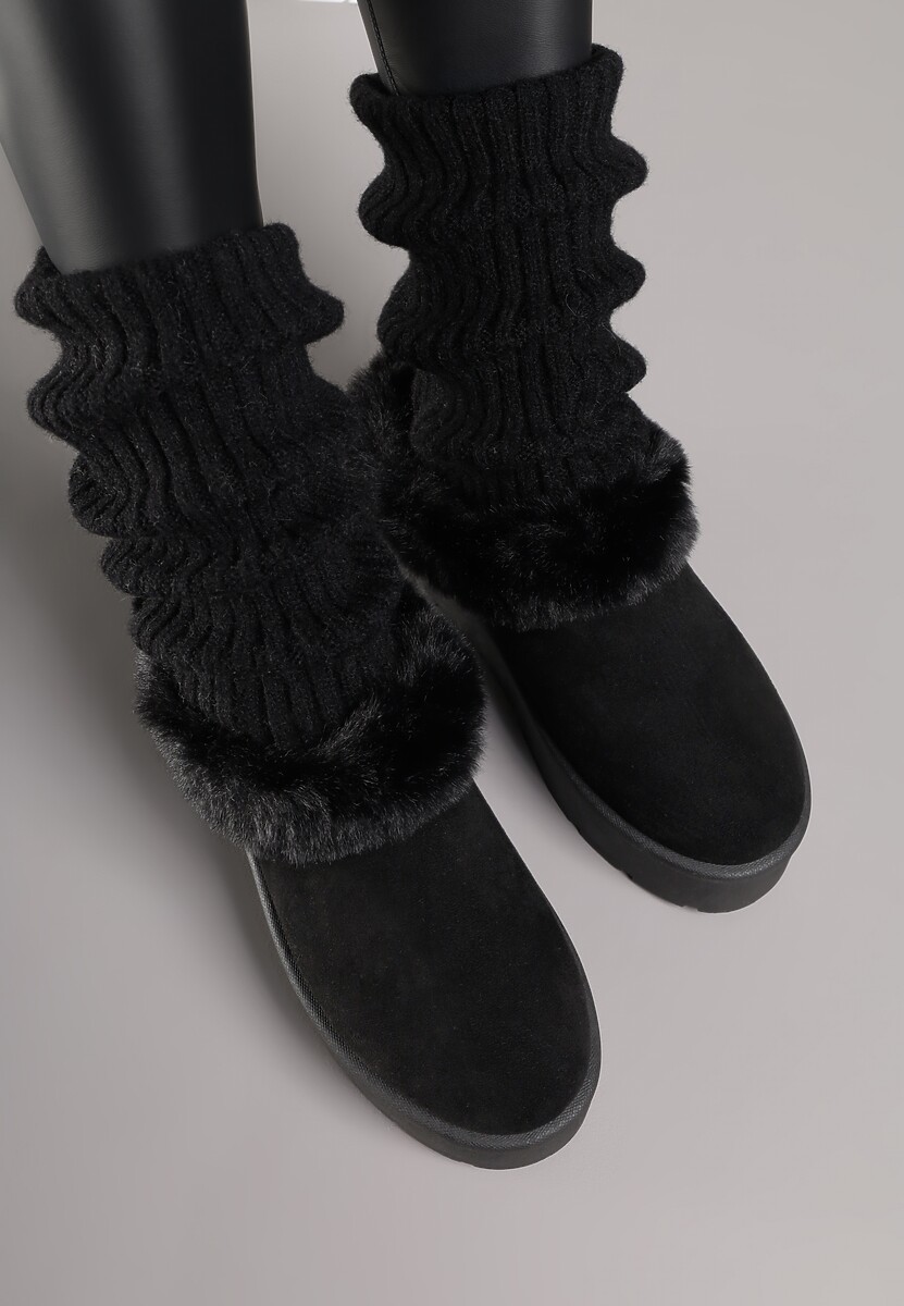 Czarne Krótkie Śniegowce na Platformie Ozdobione Futerkiem Sewlara