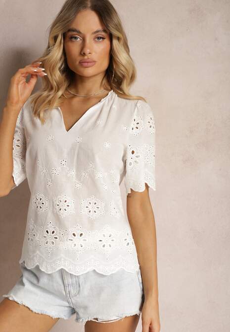 Biała Bawełniana Bluzka z Krótkim Rękawem i Ażurowym Wzorem Tinabeths