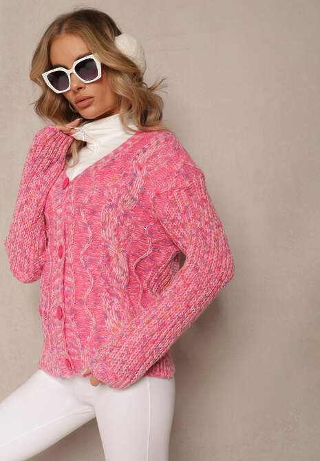 Różowy Kardigan Zapinany na Guziki ze Ściągaczami Annanes