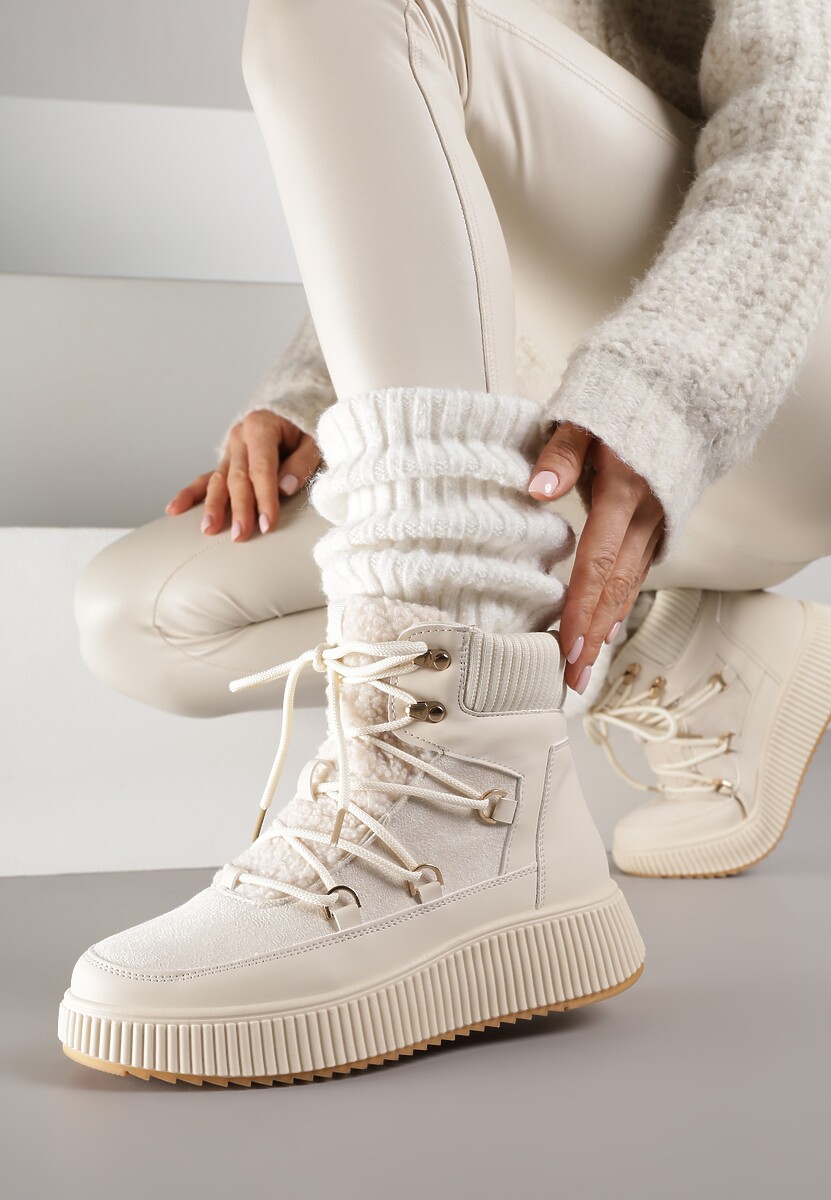 Beżowe Śniegowce Trapery Vices na Płaskiej Podeszwie z Futerkiem w Stylu Baranka ze Sznurowaniem Temirits