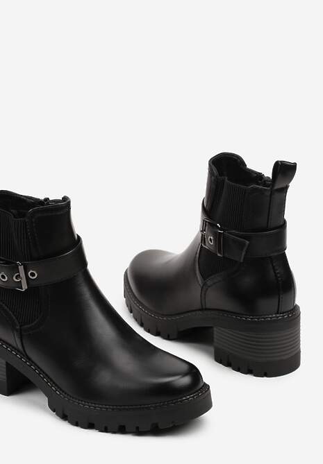 Czarne Botki w Stylu Sztybletów na Niskim Obcasie z Paskiem ze Sprzączką Lathorie