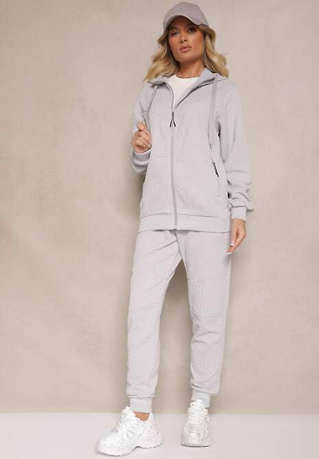 Szary Komplet Dresowy Zdobiony Tłoczeniem Bluza z Kapturem i Joggery Tuseira