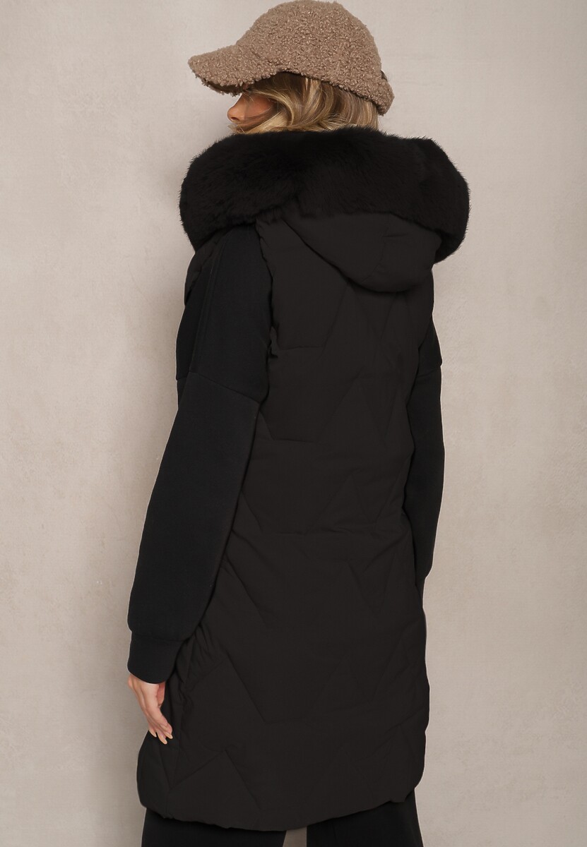 Czarna Kamizelka Pikowana z Kapturem i Odczepianym Futerkiem Innaleia