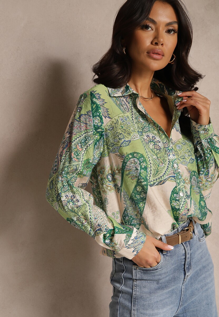 Niebieska Koszula z Wiskozą o Klasycznym Kroju w Ornamentalny Print Arasira