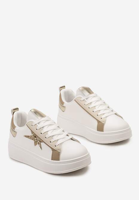 Biało-Beżowe Sneakersy na Platformie Ozdobione Gwiazdką z Brokatem Nislemia