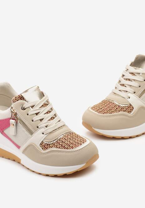 Beżowo-Różowe Sneakersy na Niewysokim Koturnie Ozdobione Suwakiem i Wstawkami Liorrama