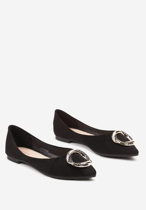 Czarne Płaskie Balerinki Ozdobione Aplikacją o Złotym Wykończeniu Edolia