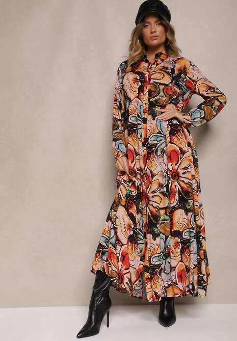 Granatowo-Pomarańczowa Wiskozowa Sukienka Koszulowa w Kwiaty z Guzikami przy Rękawach Enayira