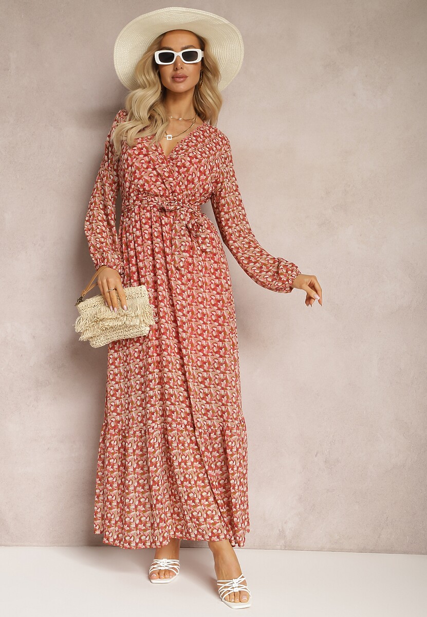 Czerwono-Różowa Sukienka Kopertowa z Falbanką i Wiązanym Paskiem Gjerana