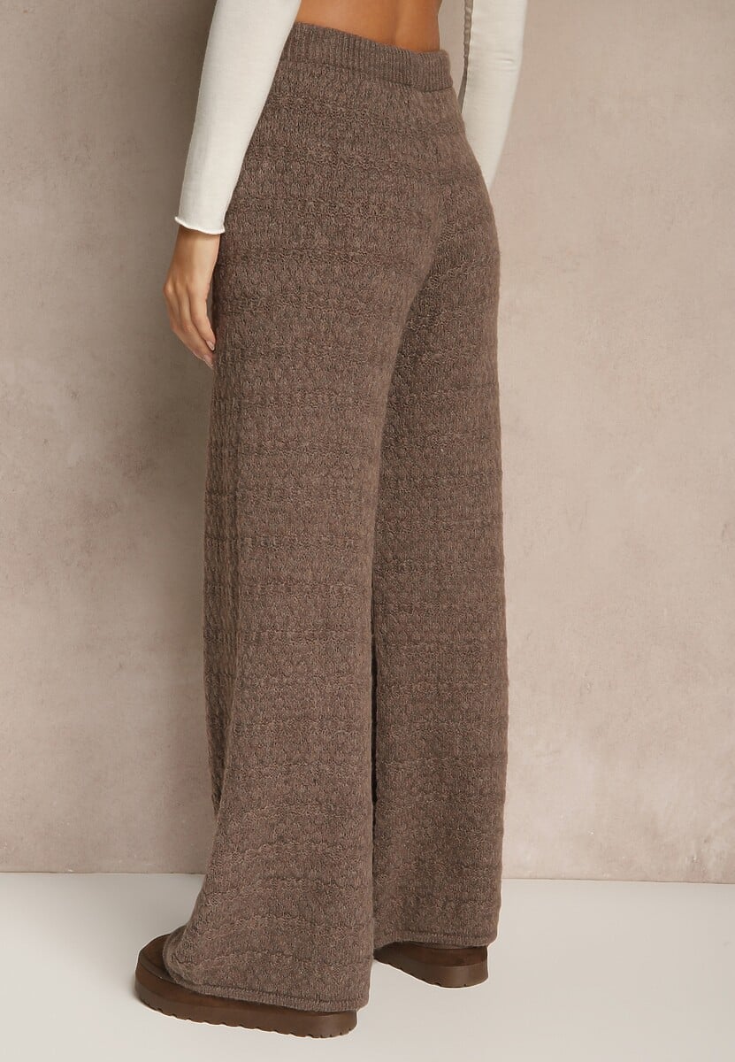 Brązowe Spodnie Wide Leg z Dzianiny z Dodatkiem Wełny i Wiskozy Tiesania