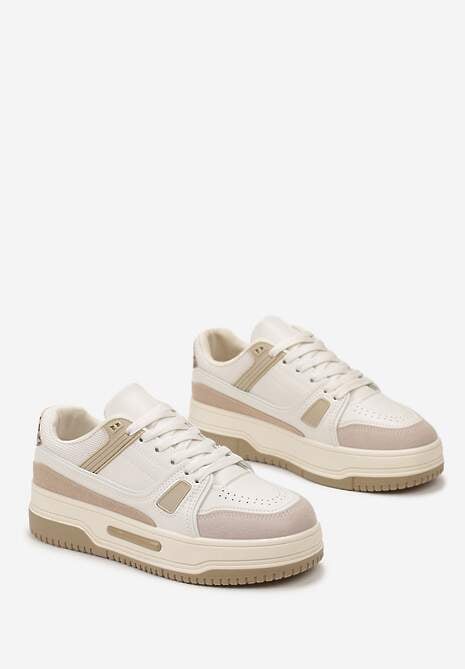 Beżowe Sneakersy ze Wstawkami z Ekozamszu na Grubej Podeszwie Anecta
