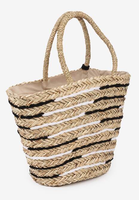 Beżowa Pleciona Torebka Boho Słomiana z Ozdobnymi Pomponami Elexeree