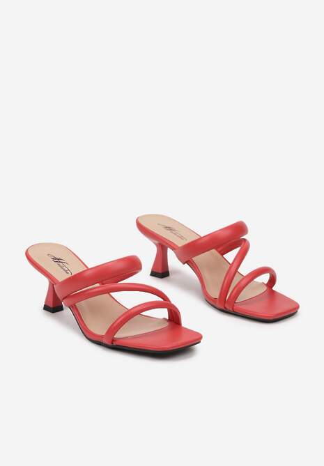 Czerwone Klapki na Szpilce Kaczuszce z Ozdobnymi Paskami Neolaris
