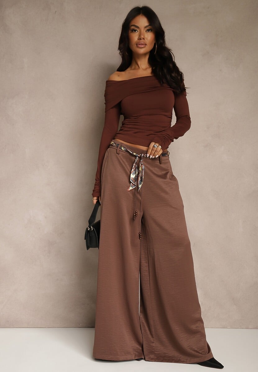 Brązowe Szerokie Spodnie z Paskiem w Stylu Wstążki Tussema