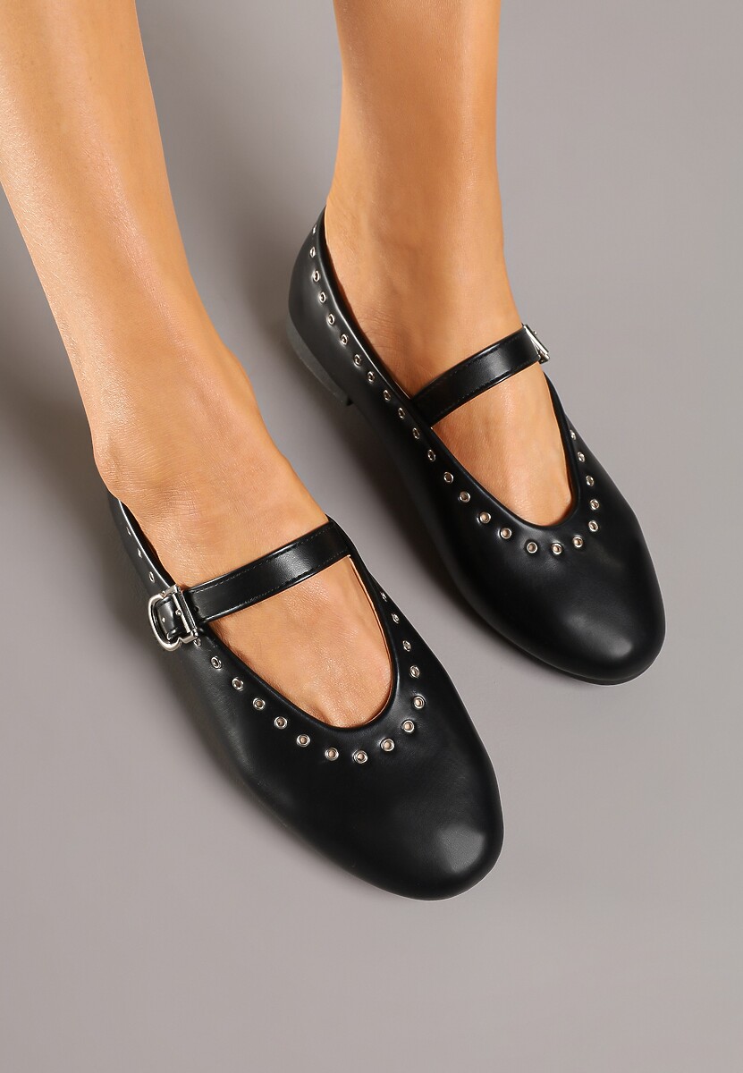 Czarne Balerinki w Stylu Mary Jane ze Zdobieniem z Nitami Fennriva