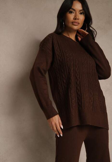 Brązowy Dzianinowy Komplet z Wełną w Warkoczowy Splot Spodnie i Sweter Reinette