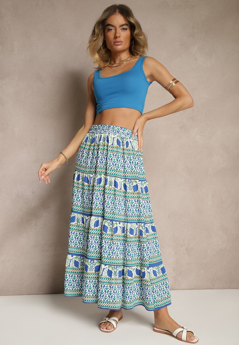 Niebieska Spódnica z Wiskozą o Rozkloszowanym Kroju w Etniczny Print Kolindriela