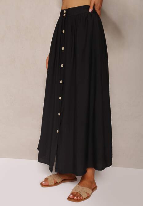 Czarna Wiskozowa Spódnica Rozkloszowana z Lnem Ozdobiona Guzikami Namsila