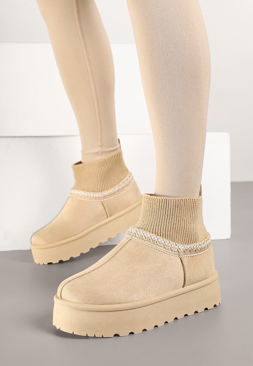 Beżowe Śniegowce na Platformie ze Skarpetową Cholewką Erevelis