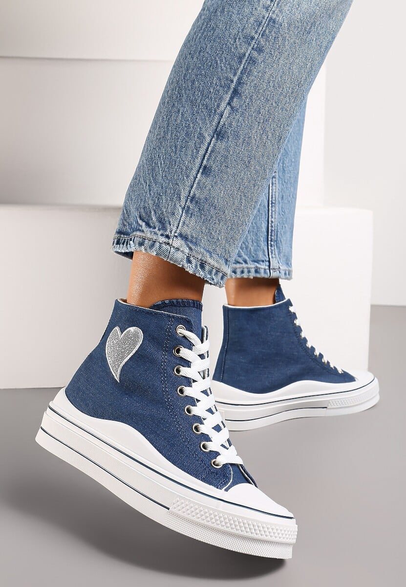 Niebieskie Trampki za Kostkę na Niskiej Platformie z Brokatową Ozdobą w Kształcie Serca Annexla