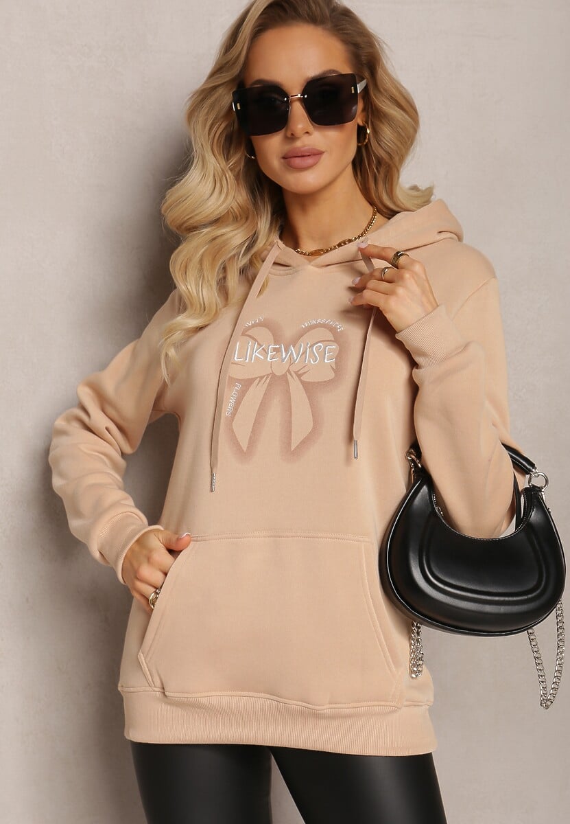 Beżowa Bluza Wykończona Polarem z Nadrukiem i Kapturem Nimba