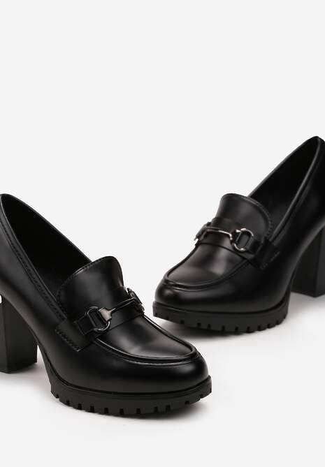 Czarne Eleganckie Półbuty na Obcasie z Platformą Ozdobione Klamrą Paivessa