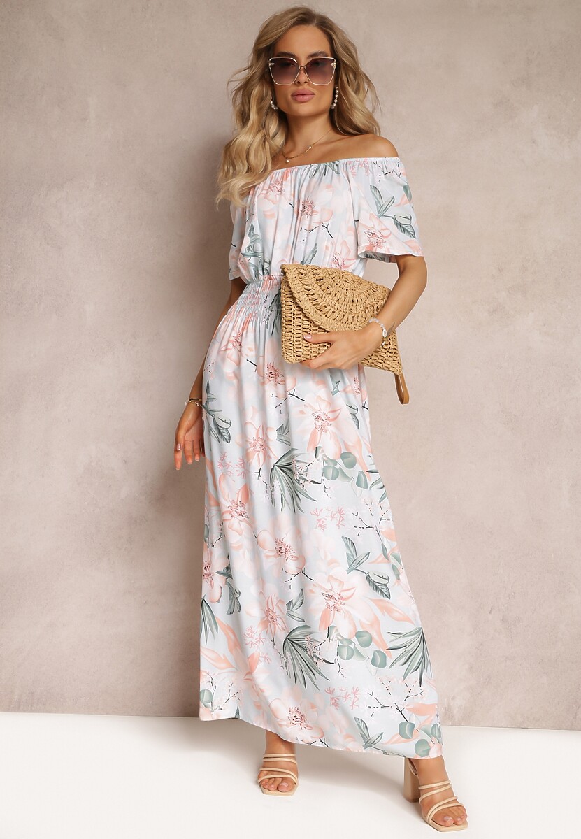 Jasnoniebieska Kwiecista Sukienka Hiszpanka Maxi z Gumką w Talii Mianga