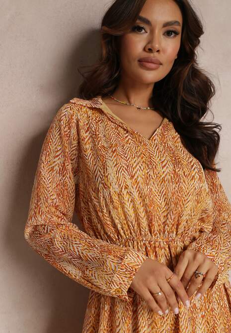 Pomarańczowo-Żółta Rozkloszowana Sukienka z Metaliczną Nitką i Sznurkiem Vivlit