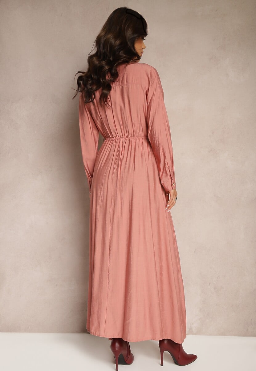 Różowa Koszulowa Sukienka o Rozkloszowanym Kroju z Paskiem i Gumką Zinfretta