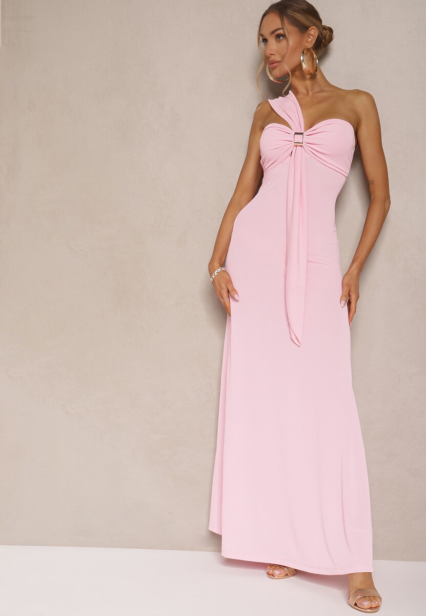 Różowa Asymetryczna Sukienka Koktajlowa Ozdobiona Metaliczną Aplikacją Divianis