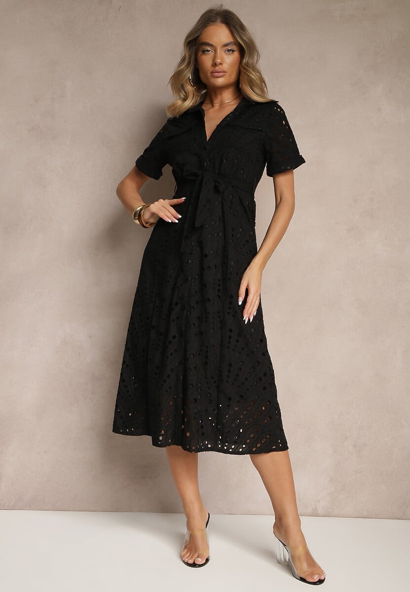 Czarna Ażurowa Sukienka Koszulowa Ozdobiona Paskiem Rinailia
