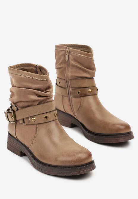 Ciemnobeżowe Botki w Stylu Biker z Marszczoną Cholewką i Klamrami Claride