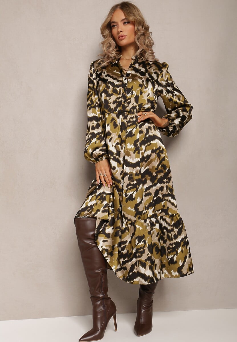 Ciemnozielona Sukienka Rozkloszowana i Luźna Gada