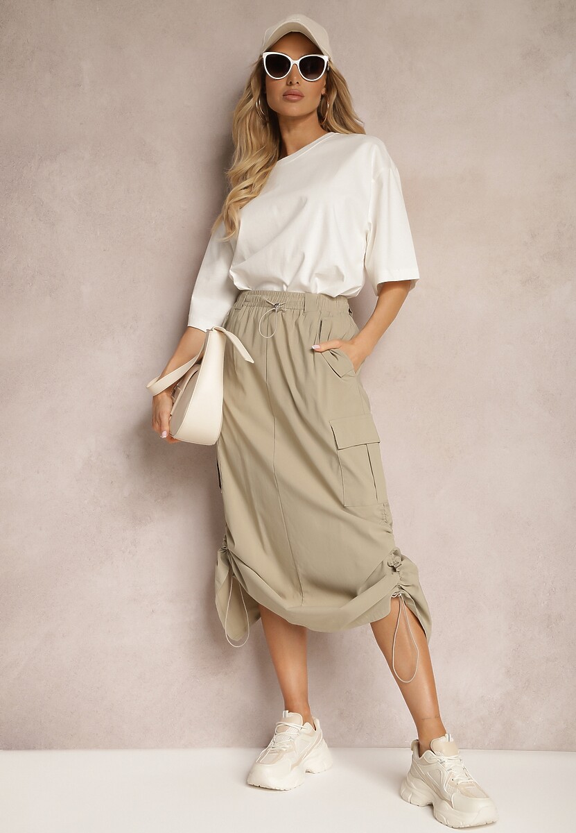 Beżowa Spódnica ze Ściąganym Dołem ze Stoperami i Kieszeniami Lariena