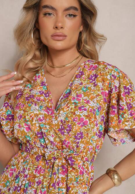 Żółta Sukienka z Plisami w Kwiecisty Print o Rozkloszowanym Kroju Lanelin