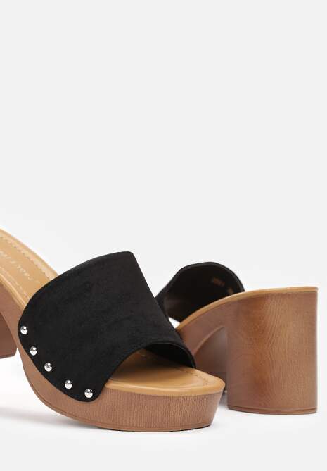 Czarne Klapki Drewniaki na Słupku z Nitami i Szerokim Paskiem Otheie