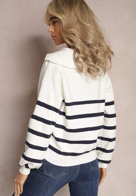 Biało-Granatowy Golf Sweter ze Ściągaczami w Paski Zapinany na Suwak Likatte