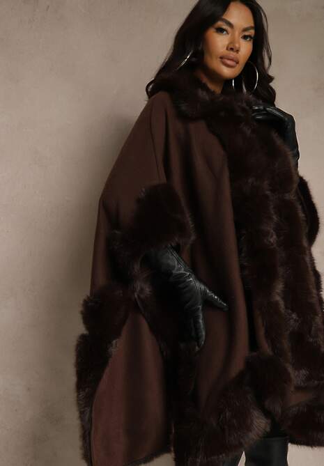 Brązowe Ponczo z Wiskozą Wełną i Futerkiem Mevicia