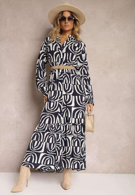 Granatowa Długa Sukienka Rozkloszowana w Geometryczne Wzory z Kołnierzykiem Skulle