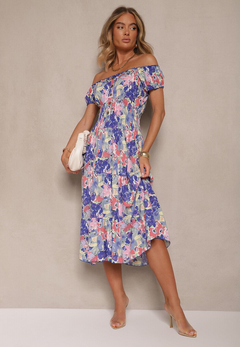 Niebiesko-Biała Sukienka Midi z Krótkim Rękawem z Wiskozy w Kwiaty Emena