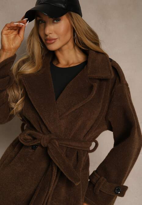 Brązowy Płaszcz w Eleganckim Stylu z Kieszeniami i Wiązanym Paskiem Zoledi
